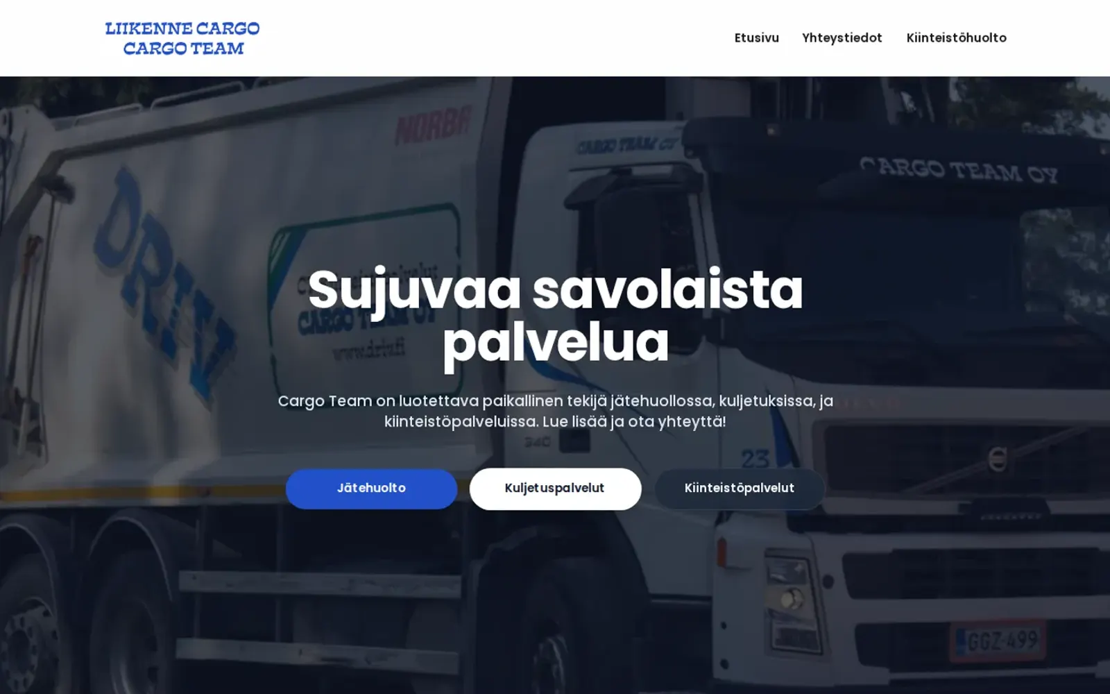 Cargo Teamin etusivu: jäteauto ja otsikko Sujuvaa savolaista palvelua.